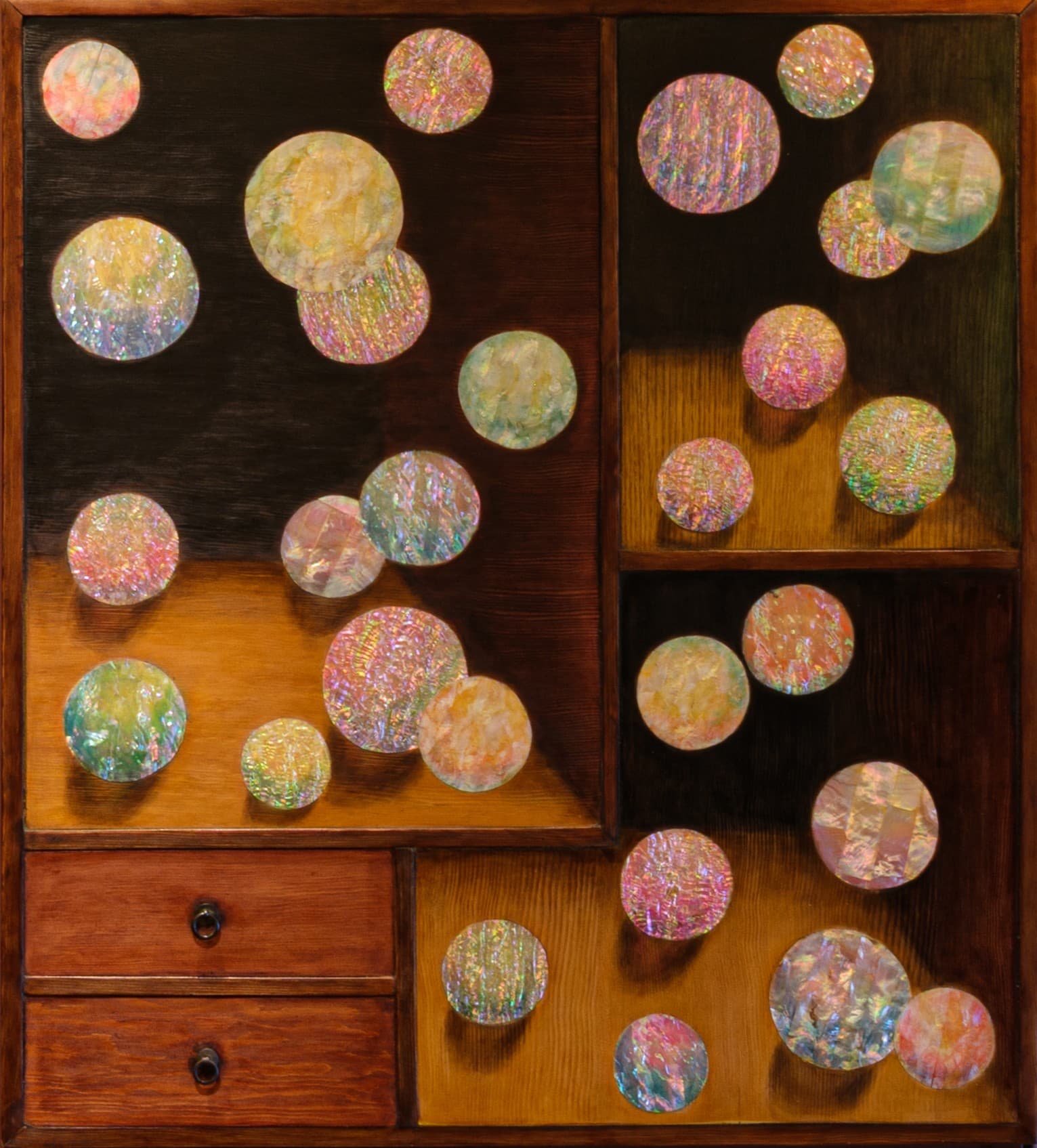Kim Duck Yong 김덕용, 화양연화, 2026, 나무에 자개, 혼합기법, 100 x 90 cm