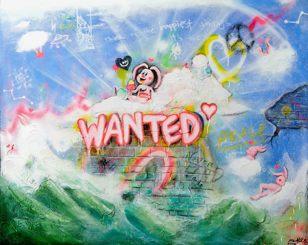 MeME 미미, WANTED - NEVERLAND, 2024, acrylic & mixed media on canvas, 162 x 130 cm