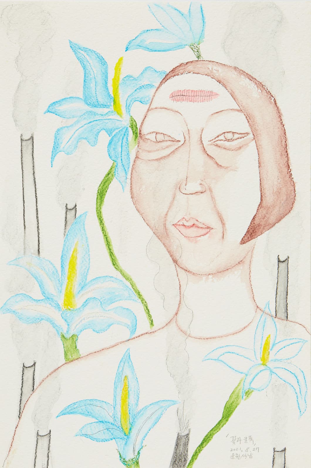 Yoon Suknam 윤석남, 꽃과 굴뚝, 2001, 종이에 색연필, 45x30cm