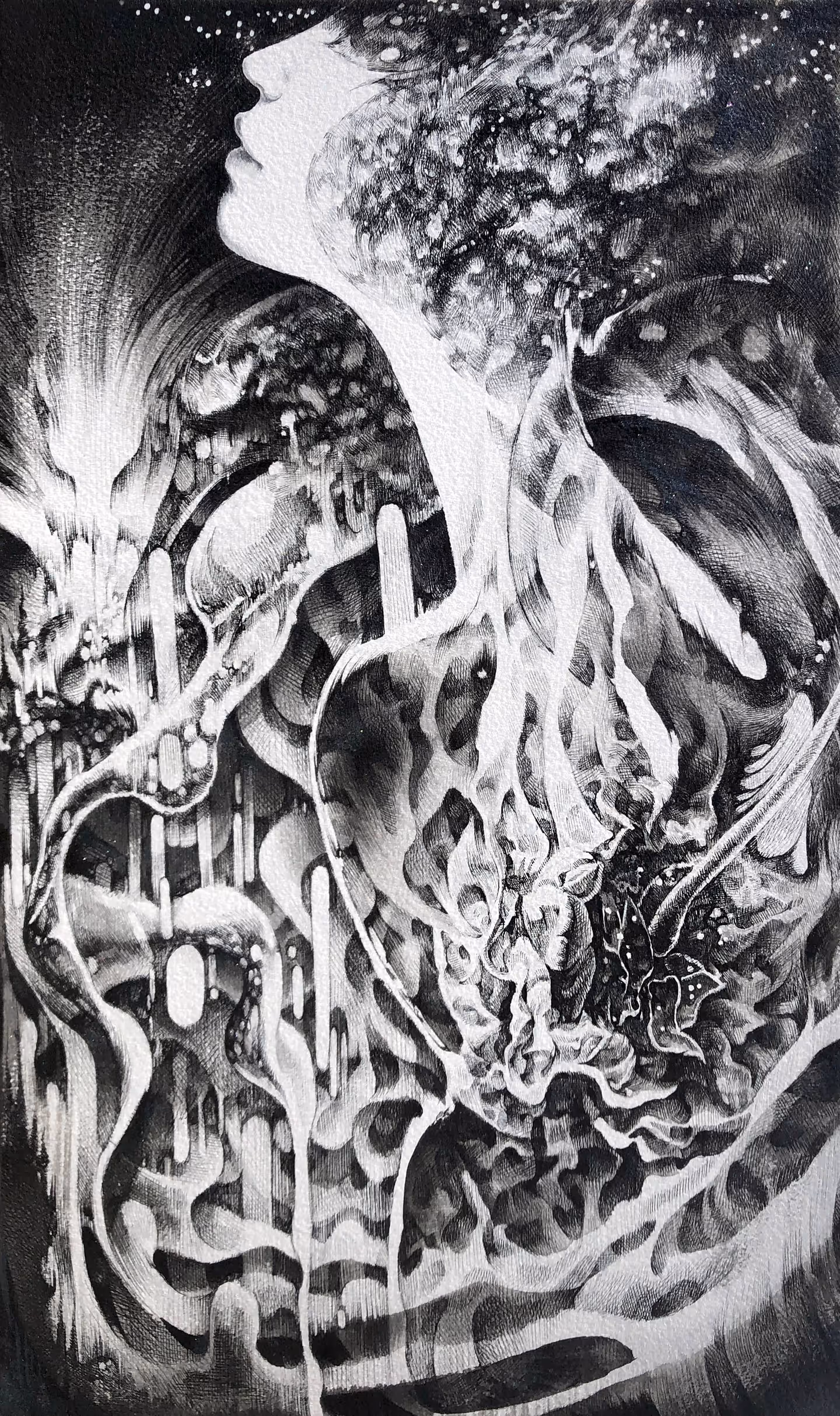 다원, Stardust, pencil, ink, pigment ink pen on paper , 27.3 x 40.9 cm. 가격 문의 sarah@arttoken.ai