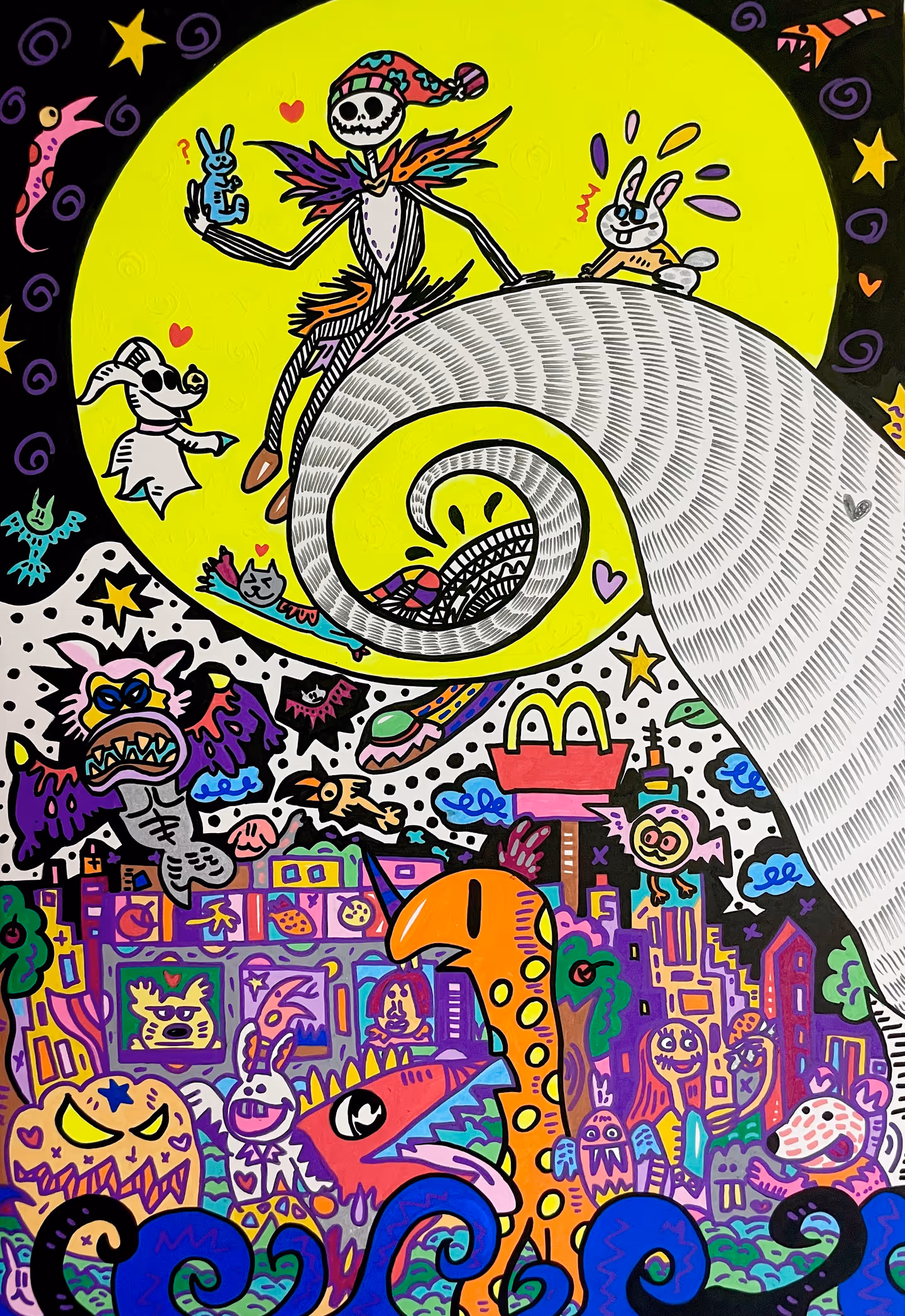 팻두, 달빛 속에서 내려다 본 세상, posca, acrylic on panel, 60.6 x 40.9 cm. 90 만원